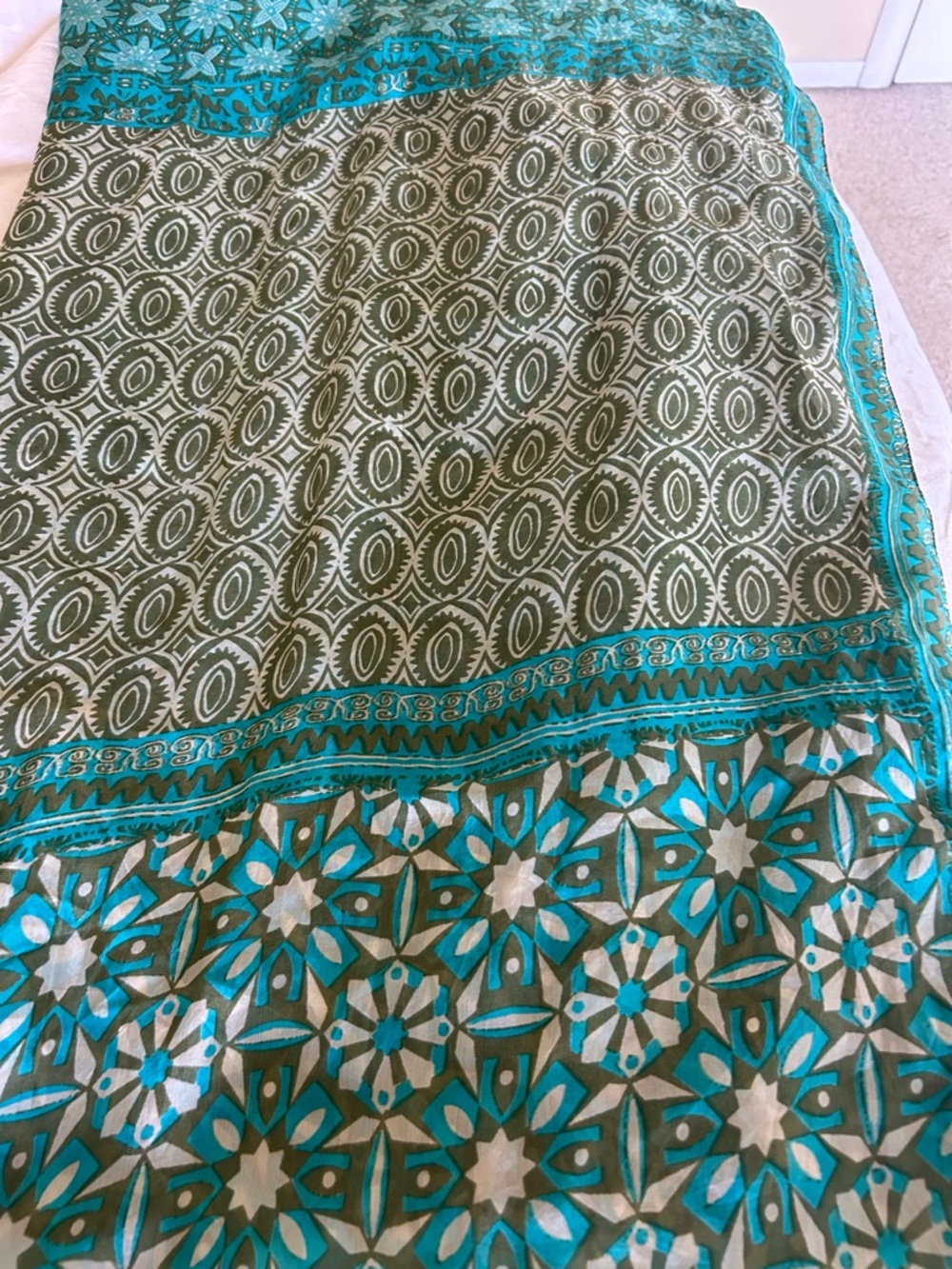 Olive Green & Teal Patterned Scarf